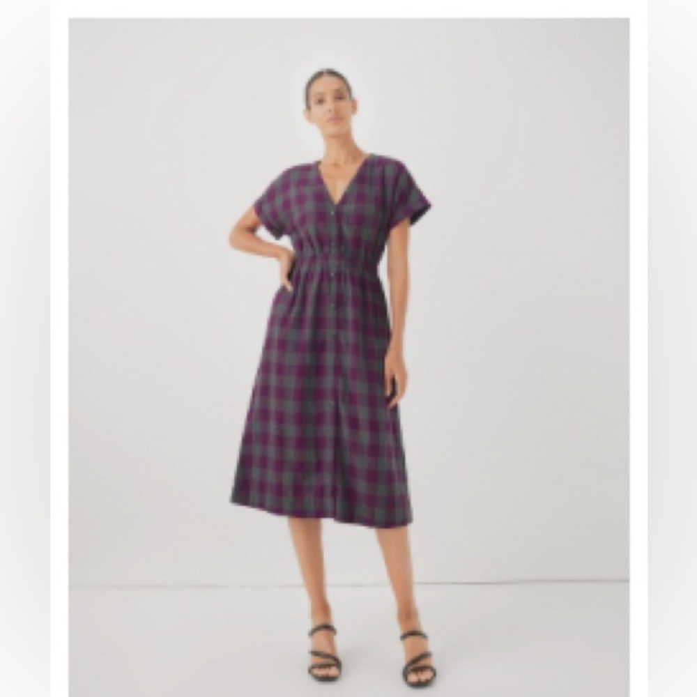 NWOT Pact Winter Blooms Coastal Double Gauze Gingham Short Sleeve Dress